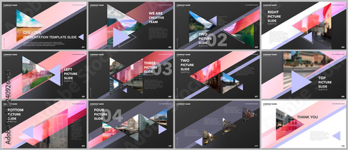 Minimal presentations design, portfolio vector templates with triangles and triangular elements. Multipurpose template for presentation slide, flyer leaflet, brochure cover, report, advertising.