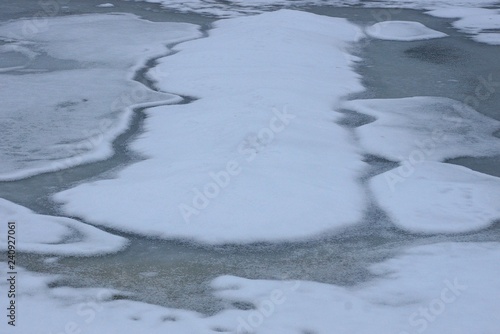 natural texture of white snow and gray ice on the pond