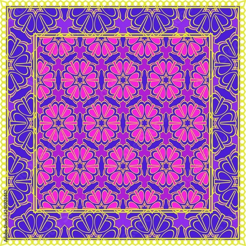 Design With Abstract Hand Drawn Geometric Pattern With Decorative Element. Vector Illustration. Template Design For Card, Shawl, Bandanna, Fashion Print
