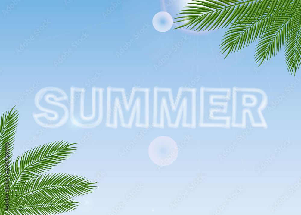 Summer Journey poster with tropical palm branches background
