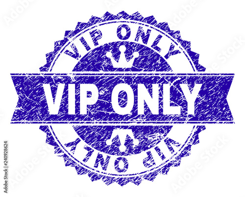 VIP ONLY rosette stamp overlay with grunge style. Designed with round rosette, ribbon and small crowns. Blue vector rubber watermark of VIP ONLY tag with grunge style.