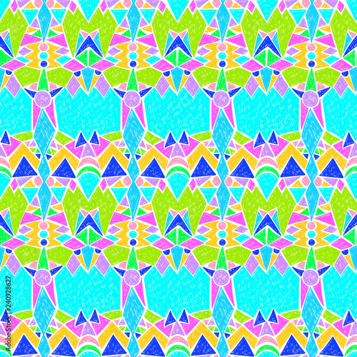 Tribal pattern. Aztec fabric. Mystical ornament. Surreal symbols print. Clothes or interior design. Boho fashion. Traditional homespun textile. Vector seamless pattern.