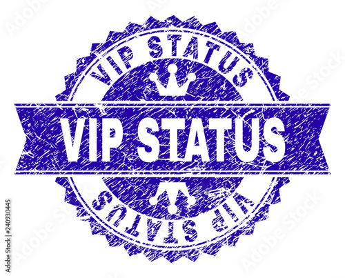 VIP STATUS rosette stamp seal watermark with grunge texture. Designed with round rosette, ribbon and small crowns. Blue vector rubber watermark of VIP STATUS caption with corroded texture.