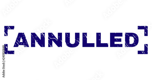 ANNULLED tag seal print with corroded style. Text tag is placed between corners. Blue vector rubber print of ANNULLED with grunge texture.