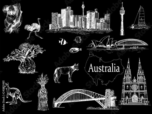 Set of hand drawn sketch style Australia themed objects isolated on black background. Vector illustration.