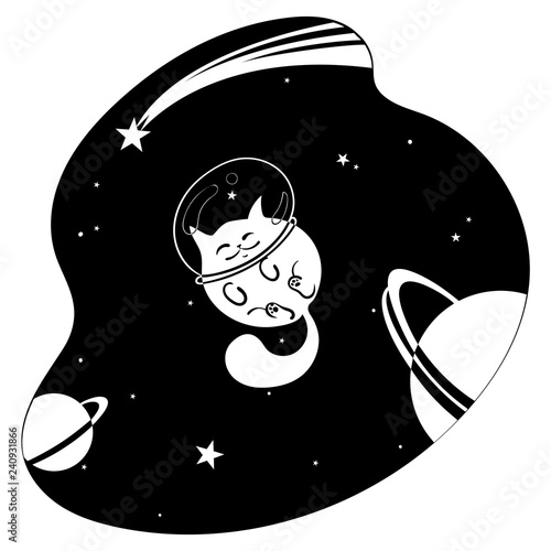 Cute happy cat among the stars and planets in space