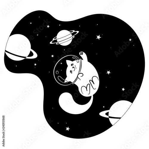 Cute happy cat among the stars and planets in space