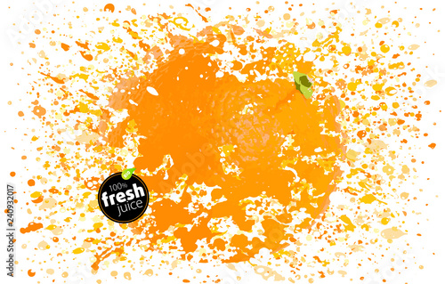 Orange fruit in a splash of juice. Spray of taste and freshness. Blast of fresh drink. EPS Vector Illustration
