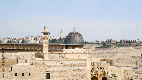 Al-Aqsa Mosque on the Temple Mount in Jerusalem, Old City, Israel. View to Mount of Olives.