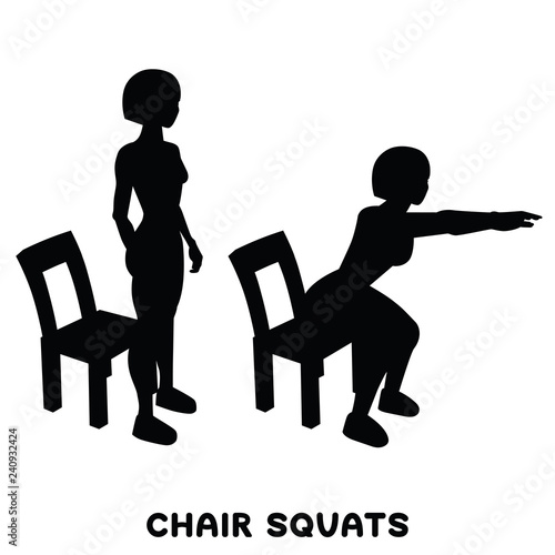 Chair squats. Squat. Sport exersice. Silhouettes of woman doing exercise. Workout, training.
