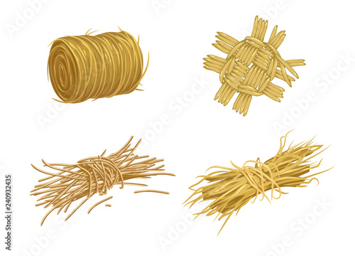 vector set of objects created from straw and hay on the farm or in the village
