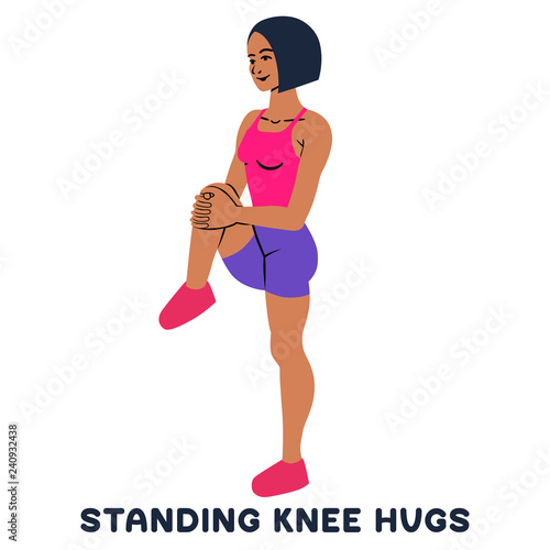 Standing knee hugs. Sport exersice. Silhouettes of woman doing exercise. Workout, training.