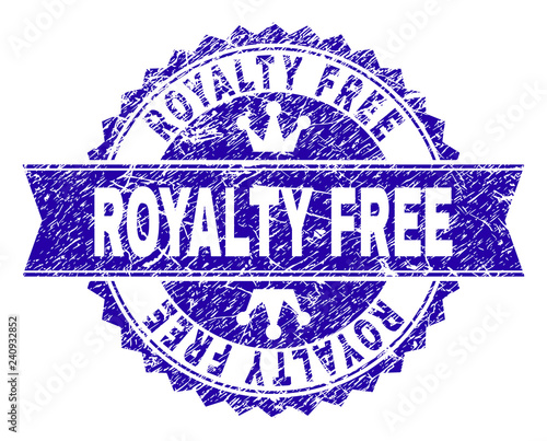 ROYALTY FREE rosette stamp overlay with grunge style. Designed with round rosette, ribbon and small crowns. Blue vector rubber print of ROYALTY FREE label with grunge texture.