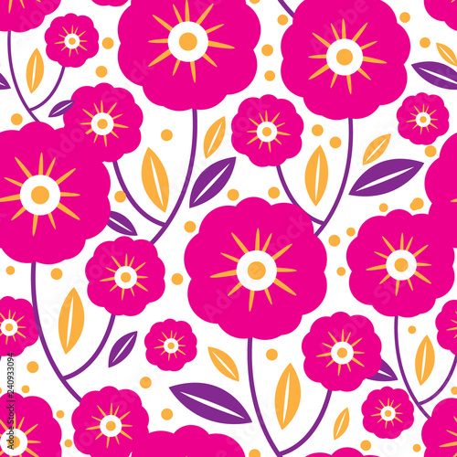 Pink folk flowers and leaves seamless pattern. Great for classic product design, fabric, wallpaper, backgrounds, invitations, packaging design projects. Surface pattern design.