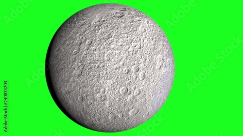 Realistic 3D animation of Rhea viewed on green background. Rhea rotates around axis.
Rhea is the second-largest moon of Saturn.
