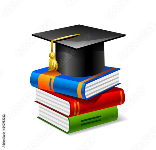 Sheaf of colorful books with square academic cap on top of it. Vector flat design style illustration. Academic monkey in square academic cap is sitting on books