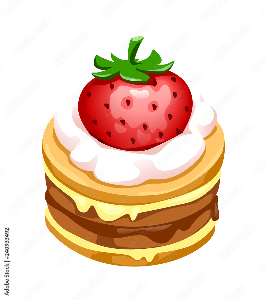 vector illustration of biscuit cake with strawberries and cream