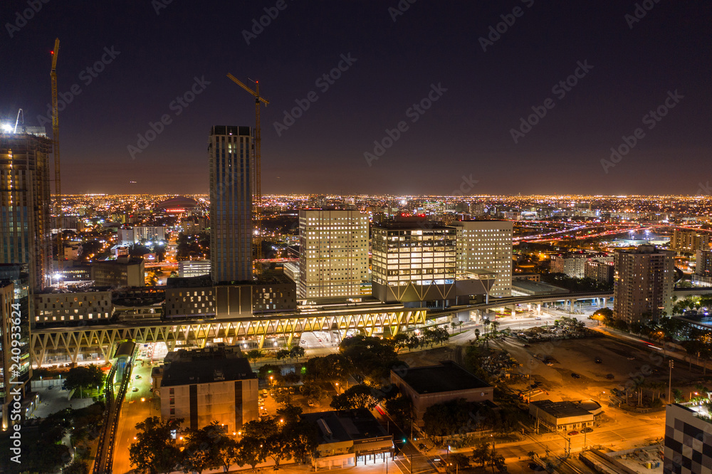 Night image of the Brightline Downtown Miami train station platform