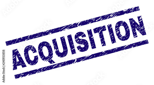 ACQUISITION seal print with grunge style. Blue vector rubber print of ACQUISITION text with unclean texture. Text tag is placed between parallel lines.