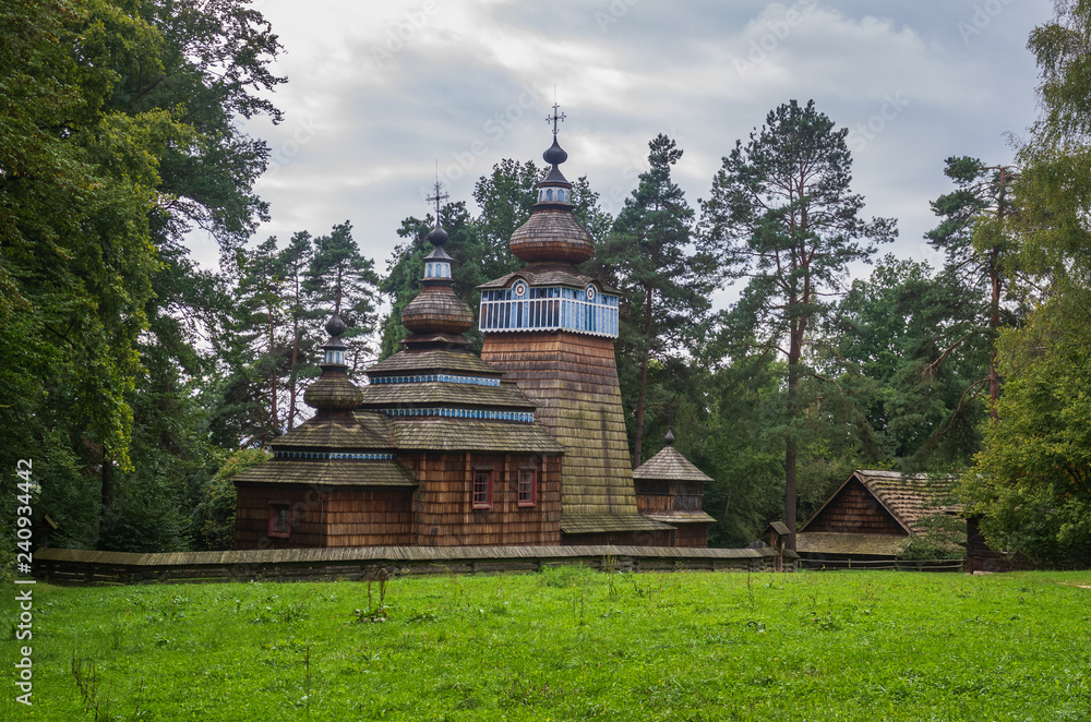 old wooden church in the open-air museum