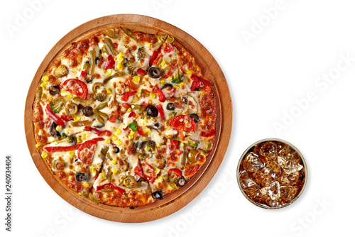 Εκτύπωση καμβά Whole round supreme pizza and coke or cola glass isolated on white background