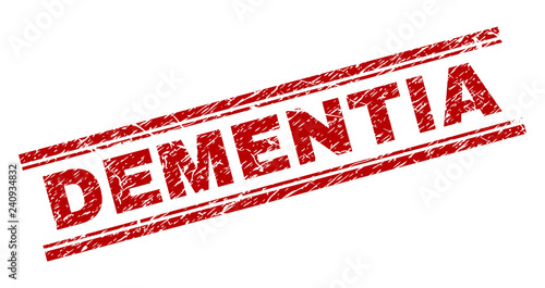 DEMENTIA seal print with corroded texture. Red vector rubber print of DEMENTIA text with unclean texture. Text title is placed between double parallel lines.