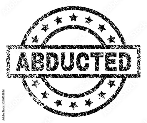 ABDUCTED stamp seal watermark with distress style. Designed with rectangle, circles and stars. Black vector rubber print of ABDUCTED label with scratched texture.