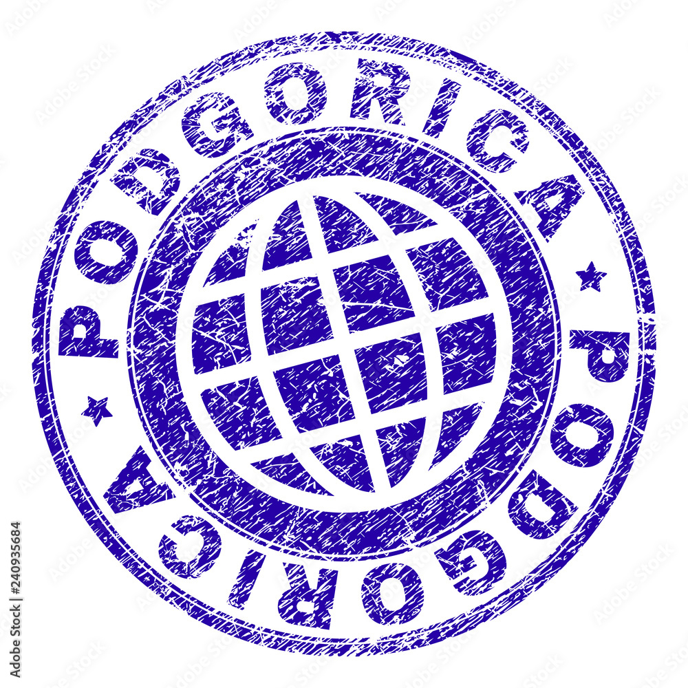 PODGORICA stamp print with grunge texture. Blue vector rubber seal print of PODGORICA text with dirty texture. Seal has words placed by circle and globe symbol.