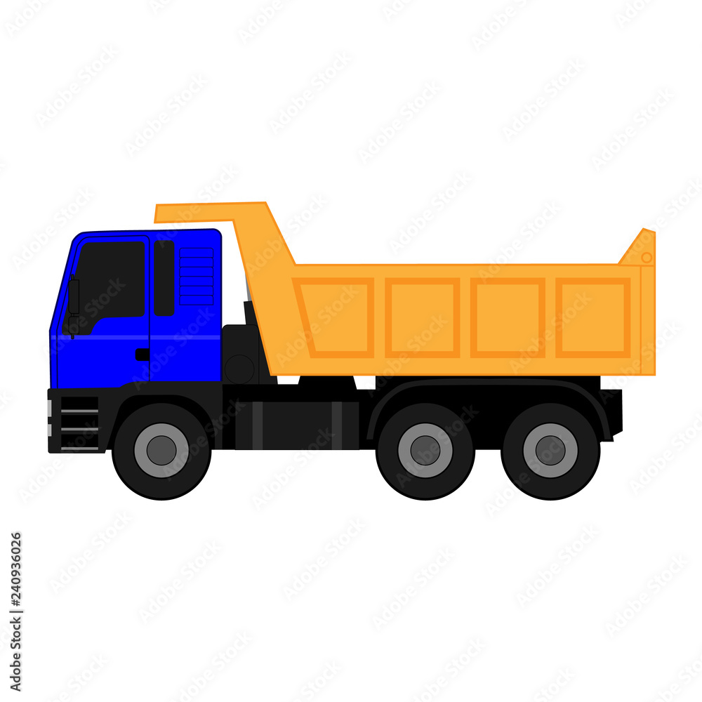 Icon blue dump truck with yellow body on white background
