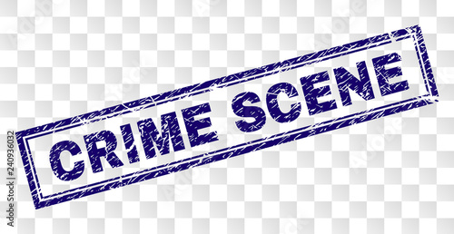 CRIME SCENE stamp seal print with corroded style and double framed rectangle shape. Stamp is placed on a transparent background. Blue vector rubber print of CRIME SCENE label with corroded texture.