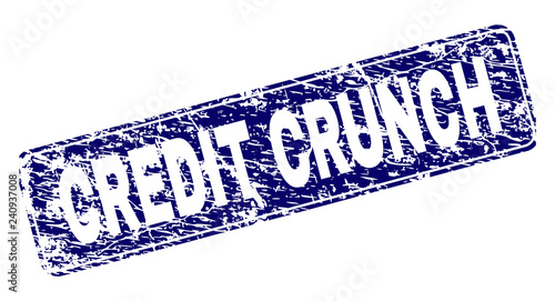 CREDIT CRUNCH stamp seal print with distress texture. Seal shape is a rounded rectangle with frame. Blue vector rubber print of CREDIT CRUNCH caption with corroded texture.