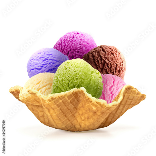 Strawberry, chocolate, mint ice cream scoops in waffle bowl isolated on white background