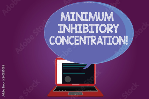 Text sign showing Minimum Inhibitory Concentration. Conceptual photo lowest concentration of a chemical Certificate Layout on Laptop Screen and Blank Halftone Color Speech Bubble photo