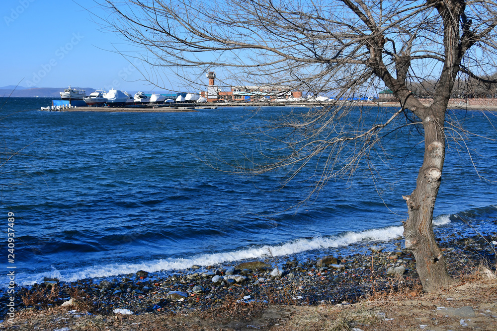 Vladivostok, Russia.  Sports embankment in Vladivostok in winter. Not typical for January open water in the Amur Bay