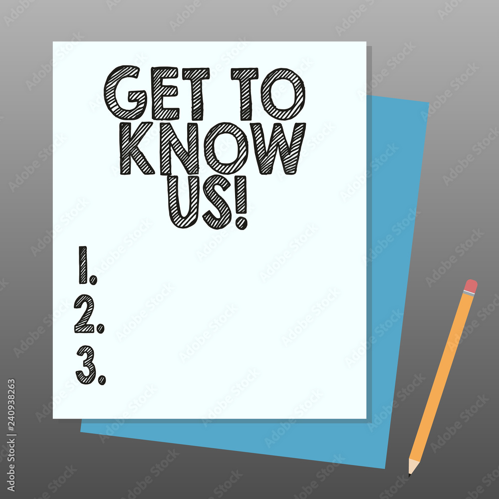 Conceptual hand writing showing Get To Know Us. Business photo showcasing Connecting bonding sharing experiences and information Stack of Different Pastel Color Construct Bond Paper Pencil Conceptual hand writing showing Get To Know Us. Business photo showcasing Connecting bonding sharing experiences and information Stack of Different Pastel Color Construct Bond Paper Pencil