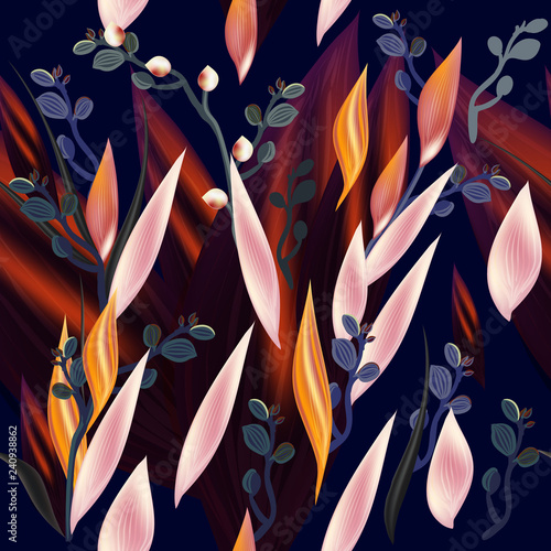 Fashion vector pattern with tropical branches in vintage style with palm leaves