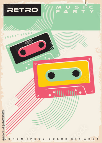 Retro music party poster.  Colorful cassette tapes on vintage background. Vector ad illustration.