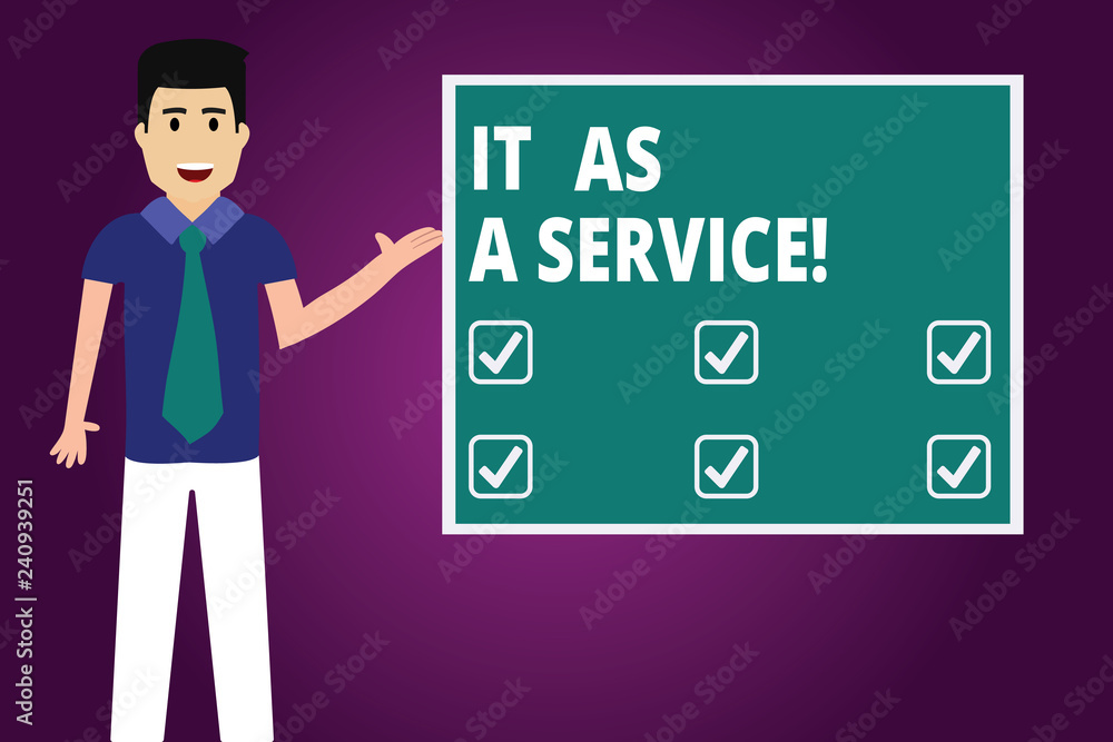 Text sign showing It As A Service. Conceptual photo Information technology giving services to business Man with Tie Standing Talking Presenting Blank Color Square Board photo Text sign showing It As A Service. Conceptual photo Information technology giving services to business Man with Tie Standing Talking Presenting Blank Color Square Board photo