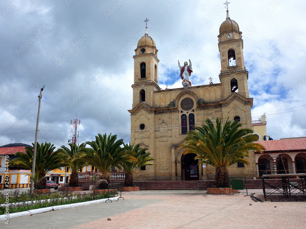 The main plaza of Aquitania in Boyaca, Colombia. The main plaza houses the church onion monument