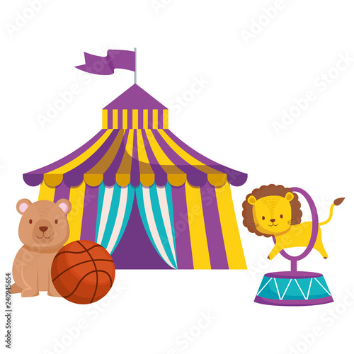 cute circus lion jumping ring in tent