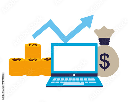 business laptop money bag arrow growth