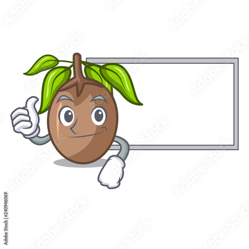 Thumbs up with board sapodilla fruit on the character bowl