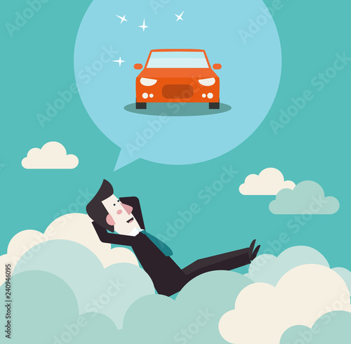 Relaxed and successful business man relaxing on clouds and dreaming about car. Saving and investing money. Future financial planning concept - Vector 