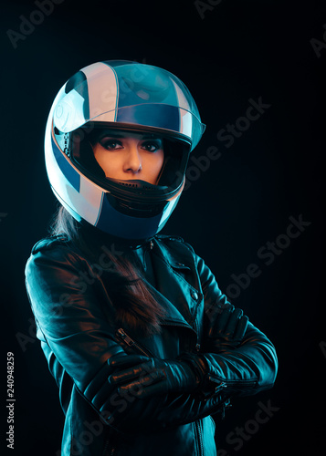 Biker Woman with Helmet and Leather Outfit Portrait © nicoletaionescu