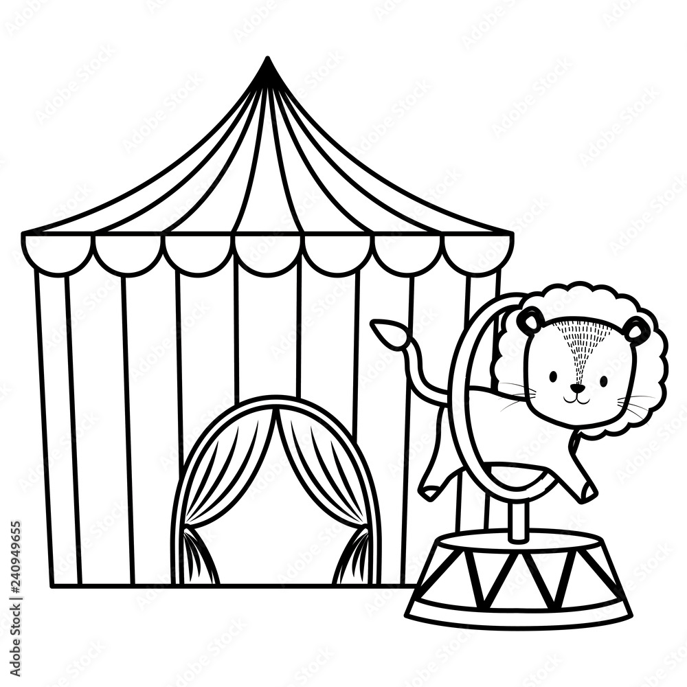 cute circus lion jumping ring in tent