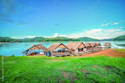 Landscape of river sky Mountain and bamboo houseboat raft floating air fresh bright sky for relax in holiday time