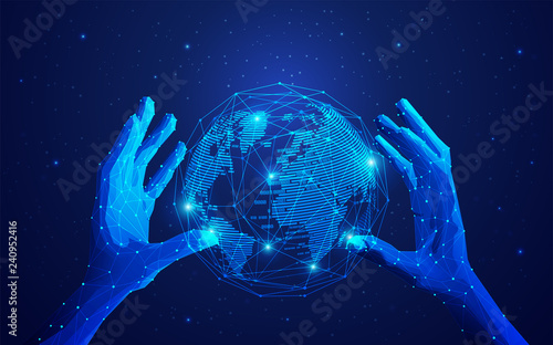 concept of global network or communication technology, futuristic hands holding wireframe globe