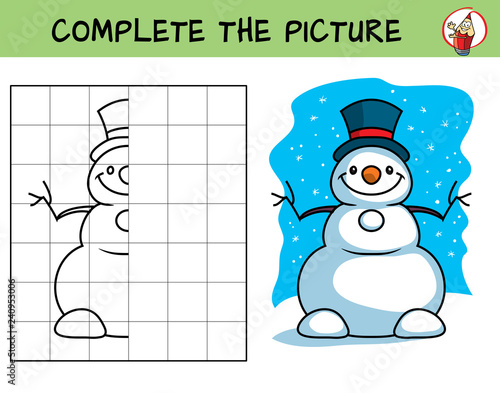 Complete the picture of a snowman. Copy the picture. Coloring book. Educational game for children. Cartoon vector illustration