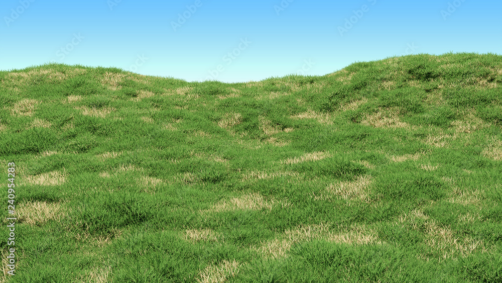 Green grass background with islands of dry withered grass. Hilly landscape covered with grass. 3d render. Green grass background with islands of dry withered grass. Hilly landscape covered with grass. 3d render.
