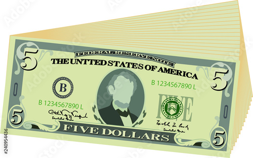 Bunch of 5 US dollar banknote